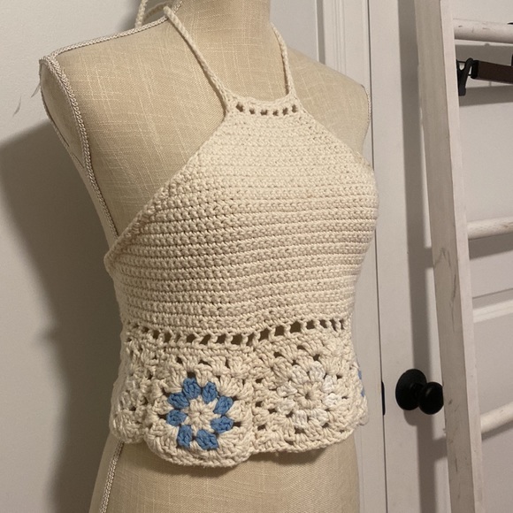 Tops - Blue&white crochet halter top